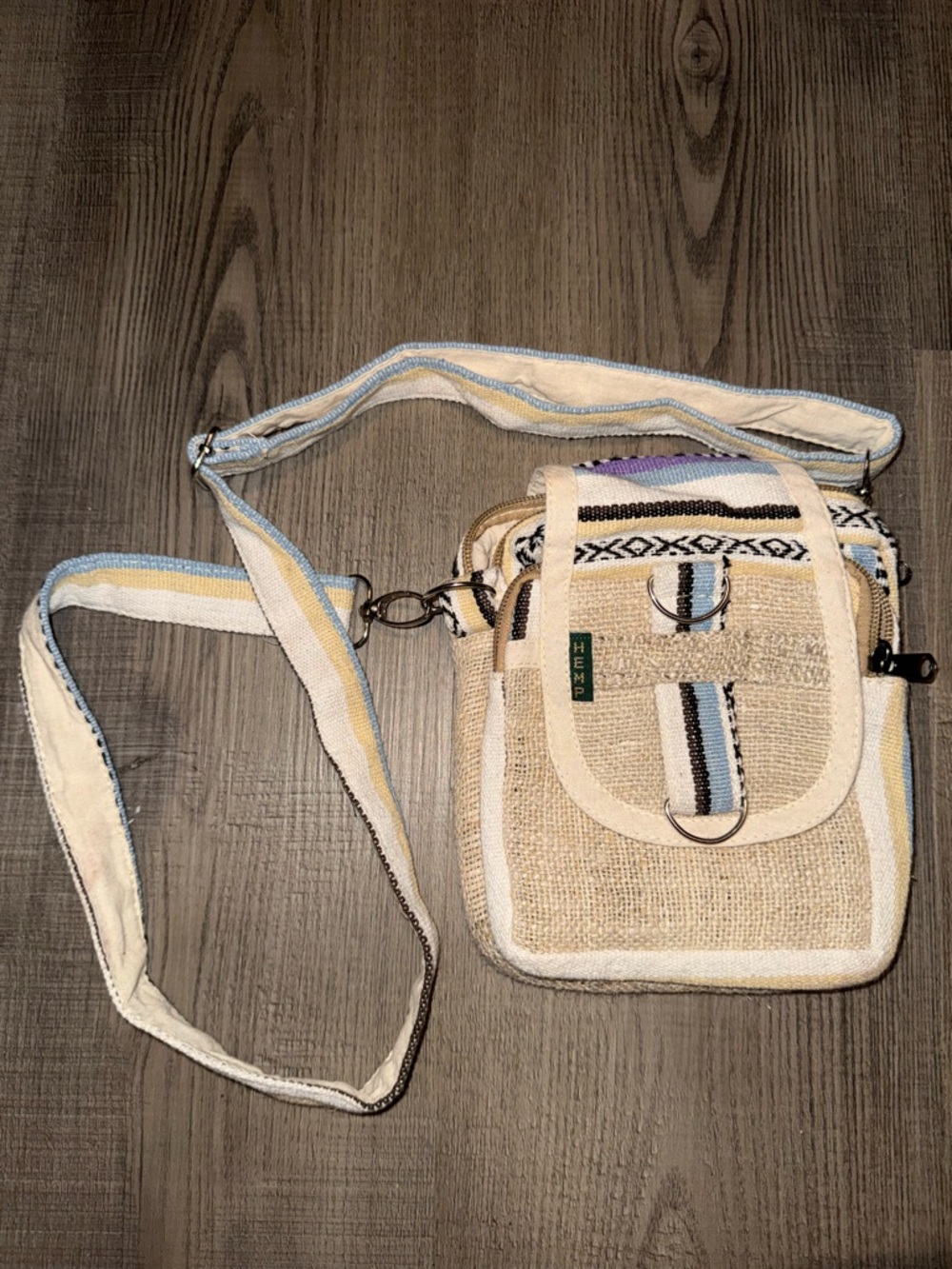 Hemp Woven Beige Crossbody Bag with Blue Stripe